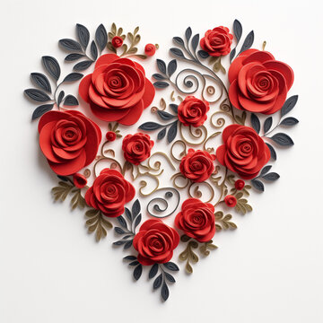 A felt, patterned heart, resting on a white surface beside a bouquet of red roses - clean, simple, realistic image
