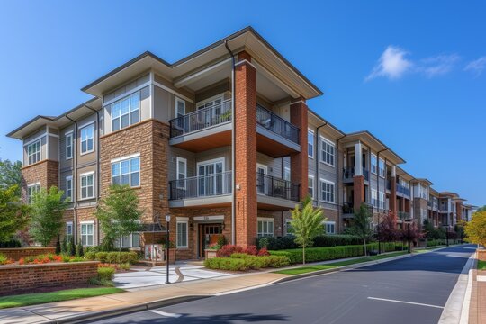 Modern apartment buildings with brick and stone exterior