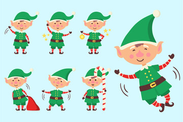 Collection of Christmas elves isolated on white background. Set of little Santa's helpers with holiday gifts and decorations. Set of adorable cartoon characters. Flat vector illustration.