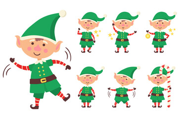 Obraz na płótnie Canvas Collection of Christmas elves isolated on white background. Set of little Santa's helpers with holiday gifts and decorations. Set of adorable cartoon characters. Flat vector illustration.