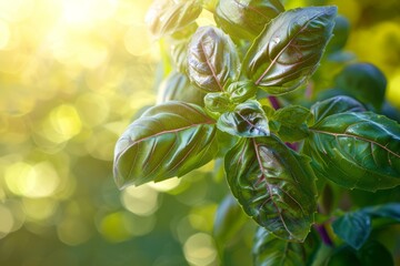 Close up of basil leaves with sunlight in the background