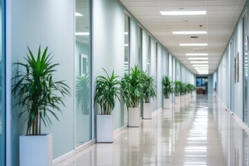 Long office hallway with green plants