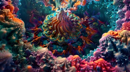 Visualization of the psychedelic cosmos through abstract fractal shapes and spirals calls for immersion in a stream of changing and unpredictable images and colors.