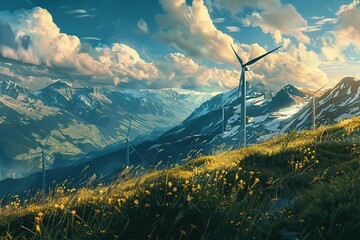 landscape with renewable and sustainable green energy with wind turbines on mountain during afternoon lights - obrazy, fototapety, plakaty
