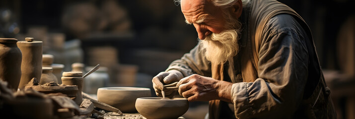 Fototapeta na wymiar An Artisan's Touch: A Master Potter Moulds An Ornate Clay Sculpture
