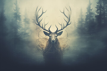 Generative AI of Double exposure of a deer with big antlers and forest.	

