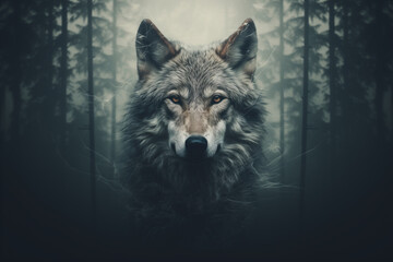 Generative AI of a wolf and foggy forest. Double exposure style. 