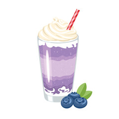 Blueberry milkshake. Vector cartoon illustration of berry cocktail with whipped cream. Sweet summer drink  in glass with straw. 