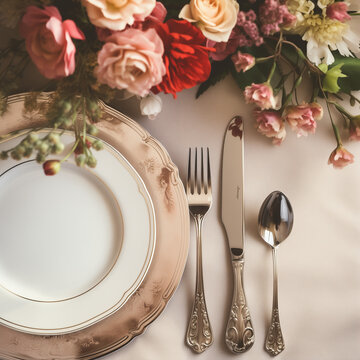a set table with ornate cutlery, beautiful flowers, and a crisp, white tablecloth, zoomed in picture with empty space for adding the greeting