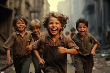Generative AI of happy children running on the streets.  - obrazy, fototapety, plakaty