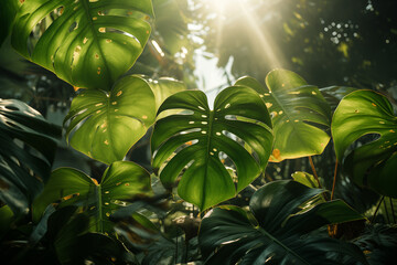 Generative Ai of monstera flowers in the jungle. 
