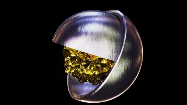 Realistic looping 3D animation of the spinning shining precious gold crystal-like nugget inside of two brushed silver metal hemispheres rendered in UHD with alpha matte