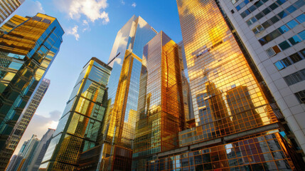 Obraz premium Modern tall office buildings made of golden glass in the business center of Hong Kong. Copy space. Blurred background