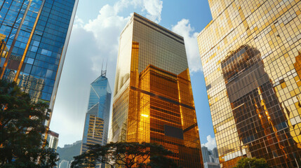 Modern tall office buildings made of golden glass in the business center of Hong Kong. Copy space. Blurred background