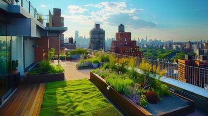 Fototapeta premium Rooftop Garden Overlooking a Cityscape