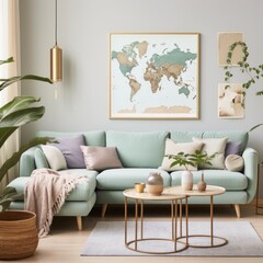A stylish living room with a world map poster