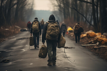 Generative Ai of refugees marching on foot carrying heavy bags.	
 - obrazy, fototapety, plakaty