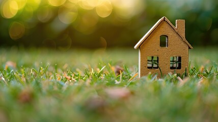 A small cardboard house placed on lush green grass under soft sunlight