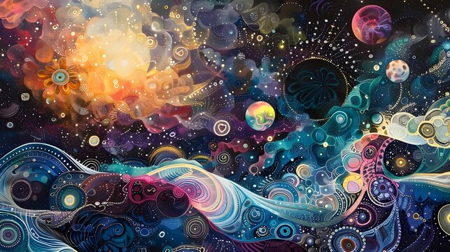 On the canvas of a psychedelic painting, the magic of the cosmos blossoms, expressed in countless shimmering drops of light, resembling huge diamonds floating in boundless darkness.