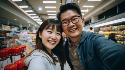 A happy couple taking a selfie in a grocery store - obrazy, fototapety, plakaty