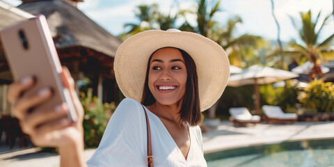 Young attractive woman traveling in tropical luxury resort, social media influencer walking next to hotel pool and holding cell phone