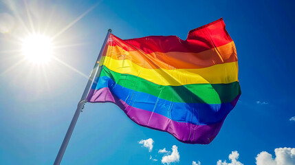 Proud rainbow flag waving against blue sky