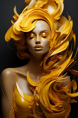 Generative AI of a beautiful fashion woman dressed in golden fabric.