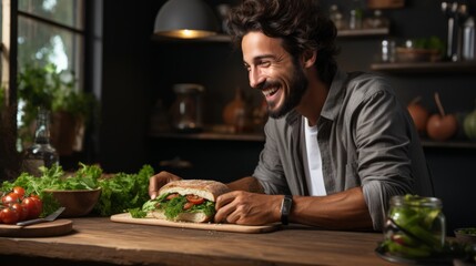 Bearded man happily making a sandwich in the kitchen