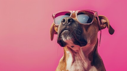 A stylish brown and white dog posing with reflective sunglasses against a vibrant pink backdrop. - 768852736