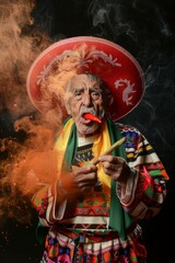 An elderly Mexican man in a sombrero with chili pepper in his hands