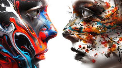 Abstract face painting merging with dynamic splashes of color