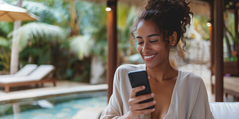 Young attractive black woman traveling in tropical luxury resort, sitting next to spa pool and texting on cell phone - obrazy, fototapety, plakaty