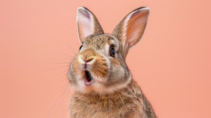A startled bunny with wide eyes and an open mouth presents a picture of surprise and curiosity against a soft peach-colored backdrop. - 768852777