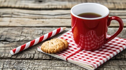 A comforting cup of tea with a cookie and checkered napkin evokes a cozy, homely feel on a rustic wood table