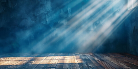 Abstract blurred background with blue wall and wooden floor with light rays of sunlight, Abstract light in a dark empty room with smoke, banner - obrazy, fototapety, plakaty