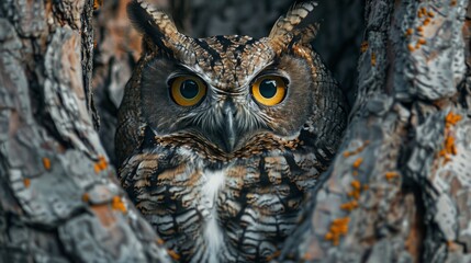 A large owl is peeking out of a tree.