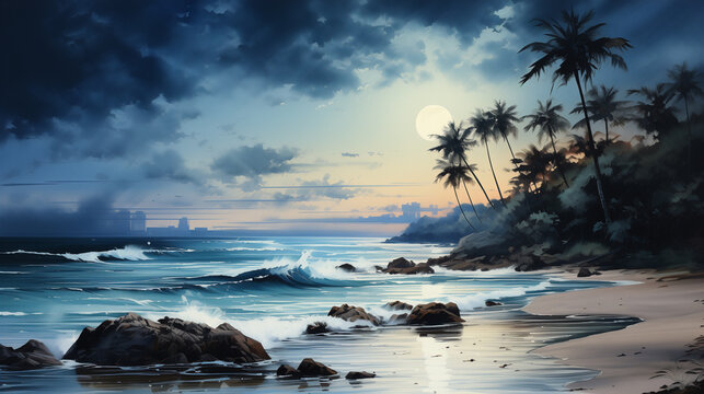 Experience the magic of a moonlit tropical beach with this captivating digital painting, showcasing the dramatic night scene illuminated by a full moon.