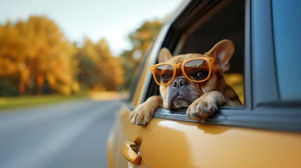 A French bulldog is sitting in a yellow car with sunglasses on its face, looking out the window. 