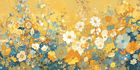 A painting of flowers yellow and white with orange accents,a pattern made up only of circles and dots and swirls and small floral elements