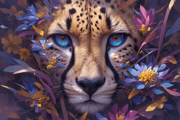 A portrait of an elegant cheetah with blue eyes, surrounded by colorful flowers and foliage - obrazy, fototapety, plakaty