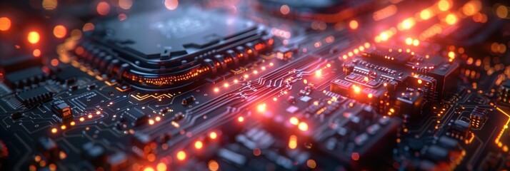 Obraz premium Tech innovation in the realm of digital technology and software development. High-tech background. Technology banner.