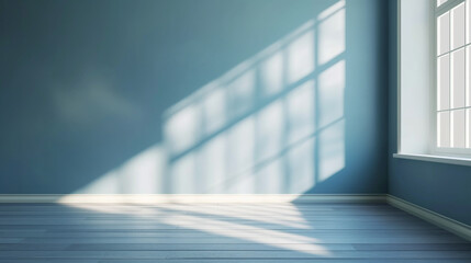 Obraz premium Sunlit empty room with bluish tint, casting shadows on walls and floor, modern minimalistic product showcase, ideal for minimalist design background