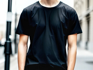 Young Model Shirt Mockup, Boy wearing black t-shirt on street in daylight, Shirt Mockup Template on hipster adult for design print, Male guy wearing casual t-shirt mockup placement