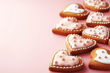 Gingerbread hearts decorated with icing sugar on a light pink background. Homemade cookies. Festive sweet food illustration for Valentine's Day, Mother's Day, women's Day. Top view, place for text.