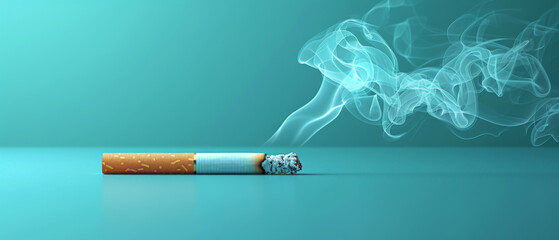 Isolated cigarette with blue smoke on a turquoise background, representing smoking and its associated health risks. - obrazy, fototapety, plakaty
