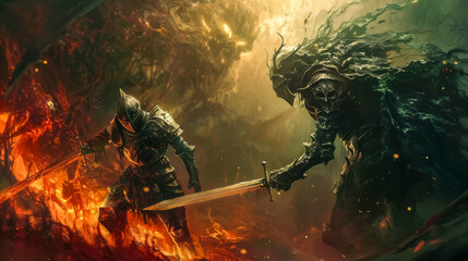 Epic fantasy battle scene with warrior and monster