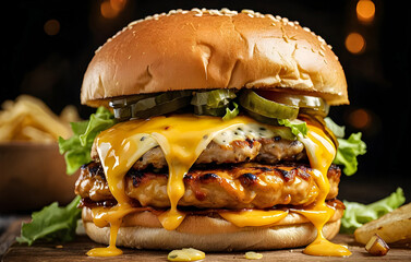 Present a close-up view of a fully assembled chicken burger, focusing on the golden-brown bun, the perfectly grilled chicken patty, melted cheese oozing down the sides
