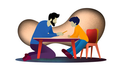 A father and his son is working at home, Father with kid using laptop at home, father helping his son with the homework at home, dad and children with games in living room, entertainment and learning