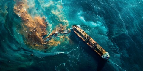 Tanker container crash in ocean prompts pollution cleanup marine life impact legal investigation and insurance claims. Concept Tanker accident, Pollution cleanup, Marine life impact - obrazy, fototapety, plakaty
