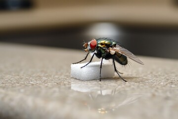 housefly sitting on a sugar cube on a kitchen counter